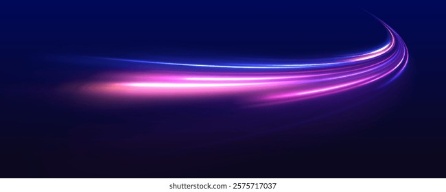 Light trails on road at night. Abstract futuristic neon background with glowing ascending lines. Beautiful glow light flare and spark. Red blue special effect, speed police line.