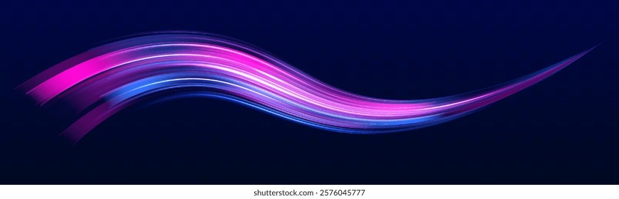 Light trails on road at night. Abstract futuristic neon background with glowing ascending lines. Racing cars dynamic flash effects city road with long exposure night ligh.	