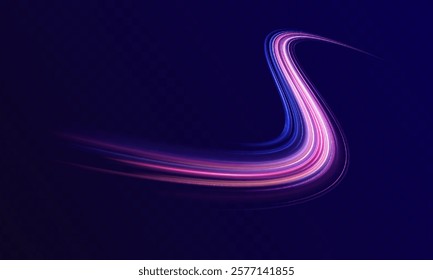 Light trails on road at night. Abstract futuristic neon background with glowing ascending lines. Racing cars dynamic flash effects city road with long exposure night ligh.