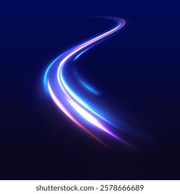 Light trails on road at night. Abstract futuristic neon background with glowing ascending lines. Beautiful glow light flare and spark. Red blue special effect, speed police line.	