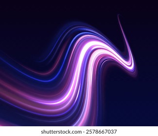 Light trails on road at night. Abstract futuristic neon background with glowing ascending lines. Racing cars dynamic flash effects city road with long exposure night ligh.	