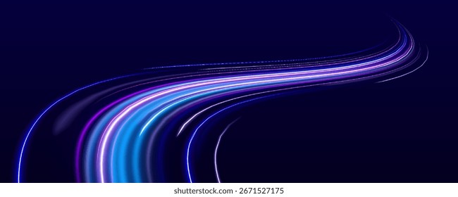 Senderos ligeros en la carretera por la noche. Abstractas fondo de neón futurista con líneas ascendentes brillantes. Coches de carreras efectos de flash dinámico carretera de la ciudad con luz nocturna de larga exposición.	