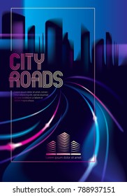 Light trails on the street of big city in the night. Effect vector beautiful background. Blur colorful dark background with cityscape, buildings silhouettes skyline. Brochure, flyer, cover, poster