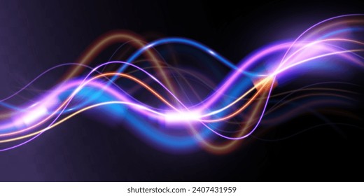 Light trails violet and blue line.Abstract background speed effect motion blur night lights. semicircular wave, light trail curve swirl.