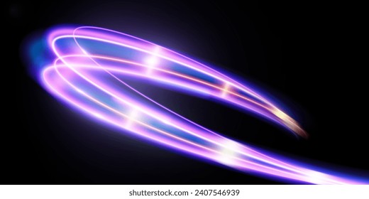 Light trails violet and blue line.Abstract background speed effect motion blur night lights. semicircular wave, light trail curve swirl.