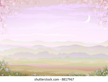 Light and tranquil morning landscape with floral border (other landscapes are in my gallery)