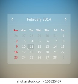 Light transparent calendar page for February 2014