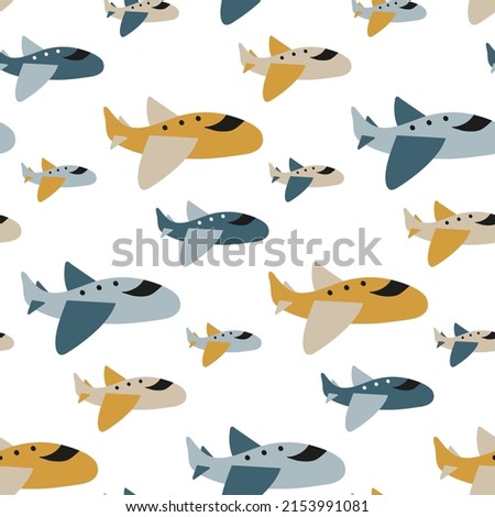 Light transport baby pattern with airplanes for prints of children's fabrics for boys on white background. Scandinavian style. Hand drawn cute jets. Nursery wallpaper. Doodle picture of cartoon plane.