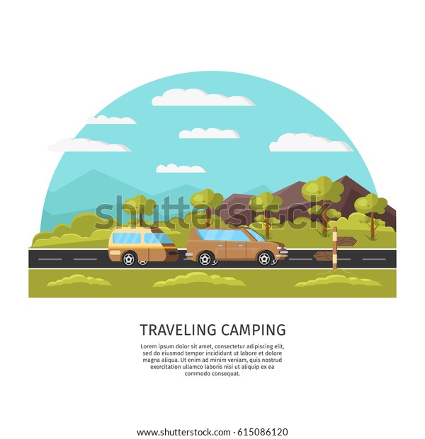 Light\
traveling camping template of car with trailer moving on road on\
summer nature landscape vector\
illustration