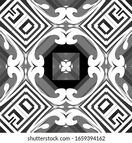 Light tribal ethnic vector seamless pattern. Floral ornamental greek background. Repeat Baroque backdrop. Geometric abstract greek key meanders ornament. Vintage flowers, rhombus, shapes, stripes.