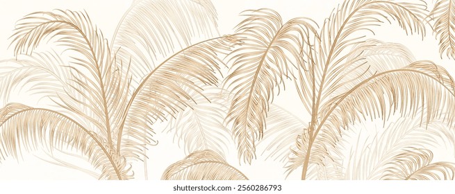 Light tropical art background with golden palm leaves. Botanical art banner in line style for decor, print, textile, wallpaper, decoration, poster, interior design.