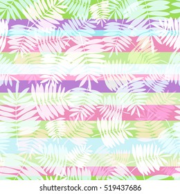 Light Tropical patterns with palm leaves on a striped background. Floral plants exotic leafs pattern. Overlay effect leaves pattern on a vivid background. Pale color trendy design.