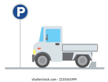 Light trucks that stop at the marking sign, the sideways illustration manga touch white background parking sign