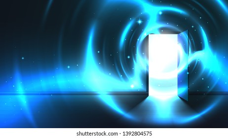 Light tunnel from open door of dark room, abstract mystical paranormal glowing exit. Light in the end of a tunnel. Portal to another world, alien universe. Open door template, sci-fi background