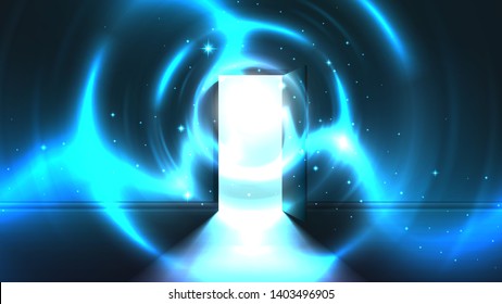 Light tunnel from open door of dark room, abstract mystical paranormal glowing exit. Light in the end of a tunnel. Portal to another world, alien universe. Open door template, sci-fi background