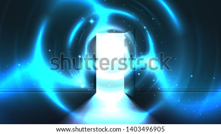Light tunnel from open door of dark room, abstract mystical paranormal glowing exit. Light in the end of a tunnel. Portal to another world, alien universe. Open door template, sci-fi background