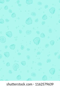 Light turqouse seamless green undersea vector pattern with repeated shells on blue ocean bottom. Background for underwater illustration, design, textile or paper print with aquatic seashell ornament