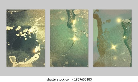 Light turquoise and gold pattern with texture of geode and sparkles. Abstract vector background in alcohol ink technique. Modern paint with glitter. Set of backdrops for banner, poster design