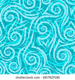 Light turquoise smooth lines corners and spirals with torn edges on a turquoise background vector seamless pattern.Abstract geometric texture ice on glass.Frost and ice