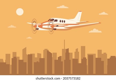 Light twin-engine turboprop aircraft over the city. Vector illustration.