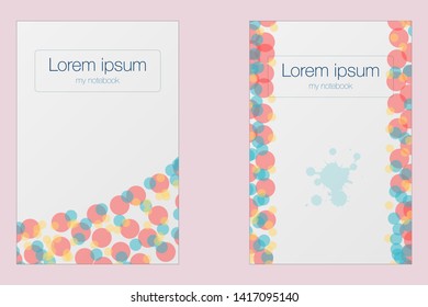 Light two abstract vector designs for notebook and banners with many colorful confetti. Creativity and modern template with smooth half-transparency red, blue and yellow circles and blot.