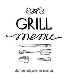 Light typographical design concept with calligraphic stylish inscription Grill Menu and kitchen utensils isolated vector illustration