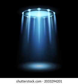 Light ufo. Spaceship alien magic bright blue beam. Futuristic Sci-fi spotlight from ufos spacecraft isolated on black effect. Flying saucer and abduction spotlight ray. Vector illustration