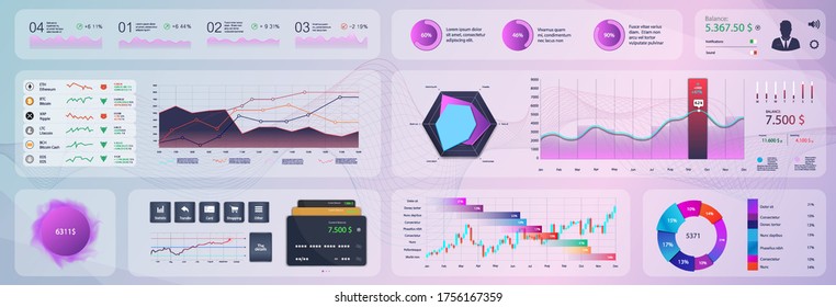 Light UI dashboard charts and graphics. Modern vector infographics, statistics, diagrams and finance charts. Mockup UI, UX, KIT elements design. Analysis and data graph. Vector dashboard template
