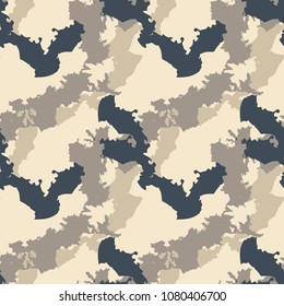 Light urban camouflage of various shades of beige and navy. It is a colorful seamless repeat pattern that can be used as a camo print for clothing and background and backdrop or computer wallpaper