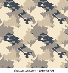 Light urban camouflage of various shades of beige and navy. It is a colorful seamless repeat pattern that can be used as a camo print for clothing and background and backdrop or computer wallpaper