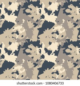 Light urban camouflage of various shades of beige and navy. It is a colorful seamless repeat pattern that can be used as a camo print for clothing and background and backdrop or computer wallpaper