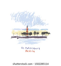 Light urban sketch. Russia, St. Petersburg sightseeing landmark with river embanment, rostral column, trees, architecture, sky, birds. Minimalist travel illuetration.