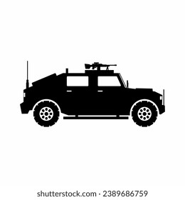 Vector de silueta de vehículos utilitarios ligeros. Silueta de vehículo militar para icono, símbolo o signo. Símbolo de vehículo blindado para el ejército, la guerra, el conflicto y las patrullas