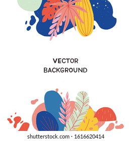 Light vector background framed with trendy liquid blobs, flat style leaves. Design layout with copy space decorated with handdrawn floral elements and wavy forms. Mockup for page, blog, presentation