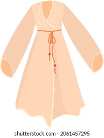 Light vector bohemian maxi dress in boho style, CAD fashion, woman with round neck flared long dress. Knitted or woven dress with front view, white color isolated on white background.