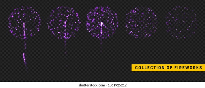 Light Vector Effect. Set festive fireworks isolated on transparent background.