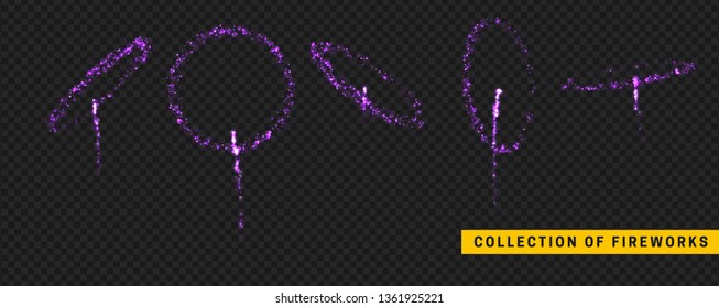 Light Vector Effect. Set festive fireworks isolated on transparent background.