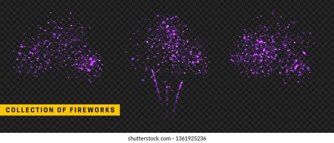 Light Vector Effect. Set festive fireworks isolated on transparent background.