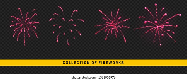 Light Vector Effect. Set festive fireworks isolated on transparent background.