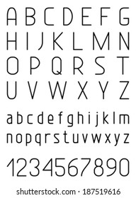 Fuente vectorial ligera. Números y letras del alfabeto vectorial. Aislado sobre fondo blanco.