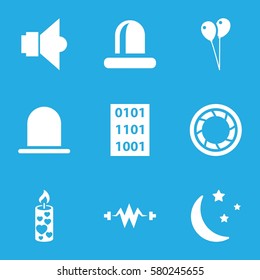 light vector icons. Set of 9 light filled icons such as siren, balloon, candle, moon and stars, camera shutter, lamp, binary code