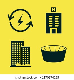 light vector icons set. with football stadium, hotel building, renewable energy and office building in set