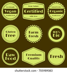 Light vector organic labels, bio emblems for natural products packaging. Fresh, raw food, vegan, gluten free, eco friendly, premium quality, locally grown, organic healthy food bio certified labels.