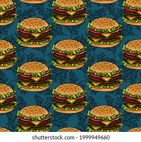 Light vector seamless pattern with cheeseburgers. Background with fast food and herbs. Bread with sesame seeds, meat, cheese, tomatoes, lettuce and cabbage.