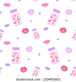 Light vector seamless pattern with jars of hearts and kisses, pink and purple on white background. Valentine's day or wedding design for invitations, cards, banners, posters, fabric texture.
