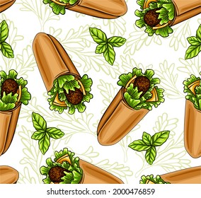 Light vector seamless pattern with meat, salad leaves and vegetables wrapped in pita bread. Background with fast food and herbs. Roll with cutlet and cheese