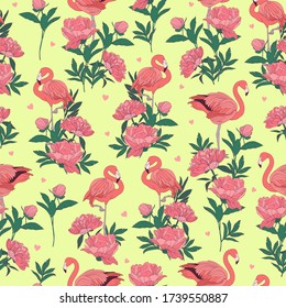 Light vector seamless pattern with peonies flowers and flamingo birds