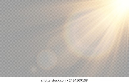 Light Vector with Sun Glare. Sun, Sunrays, and Glare in PNG Format. Gold Flare and Glare.