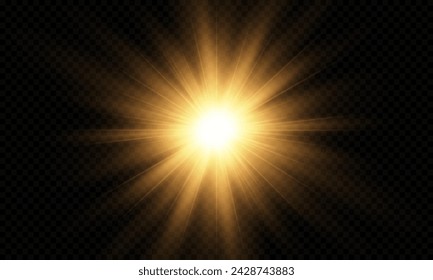 Vector de luz con resplandor solar. Sol, rayos de sol y resplandor. Gold Flare y Glare. PNG 
