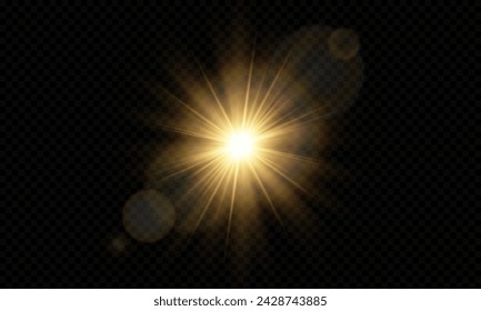 Vector de luz con resplandor solar. Sol, rayos de sol y resplandor. Gold Flare y Glare. PNG 
